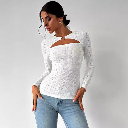 Damen Langarmshirt Baumwolle Dekorativ Cut-Out-Details Weiß