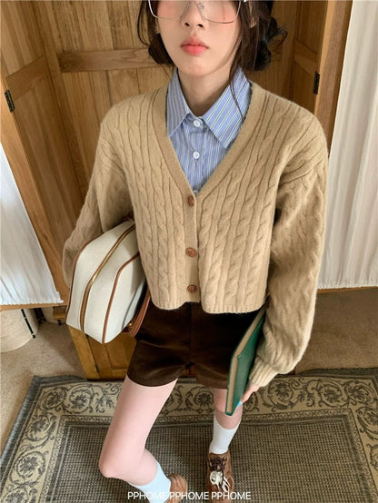 Damen Strickcardigan Zopfmuster Knopfverschluss Beige