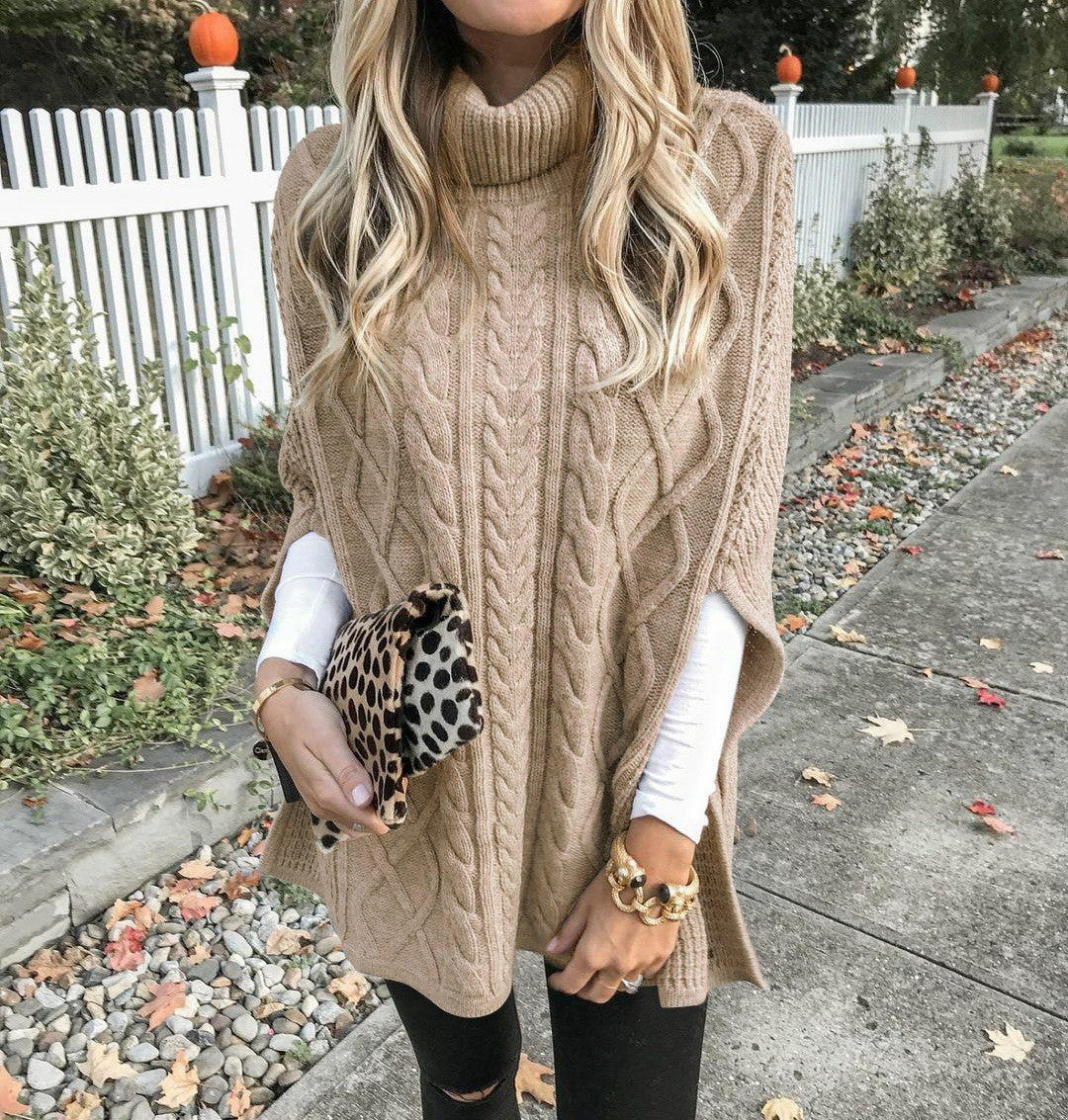 Damen Strickponcho Hochkragen Kabelmuster Beige