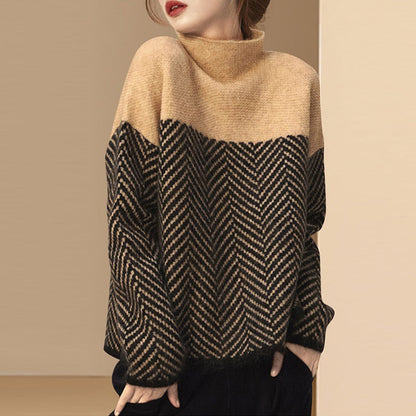 Damen Grobstrickpullover Hochgeschlossener Kragen Chevron-Muster - Norvielle