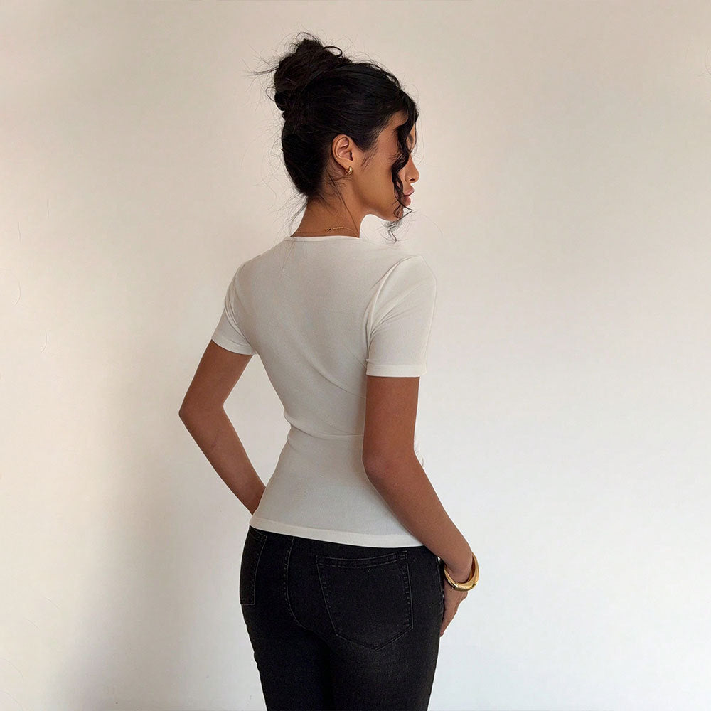 Damen Kurzarmshirt Asymmetrischer Ausschnitt Raffung Norvielle