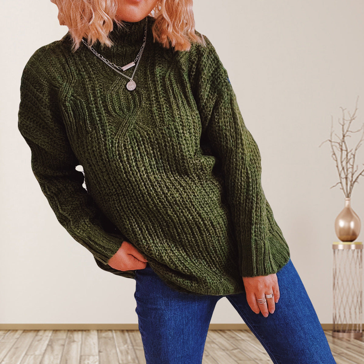 Damen Grobstrickpullover Hochkragen Locker Norvielle - Norvielle