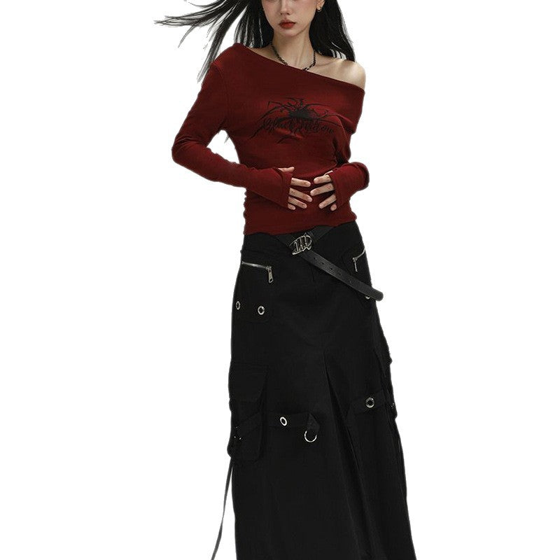 Damen Langarmshirt Asymmetrischer Ausschnitt Grafikdruck