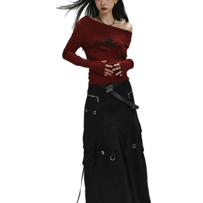 Damen Langarmshirt Asymmetrischer Ausschnitt Grafikdruck
