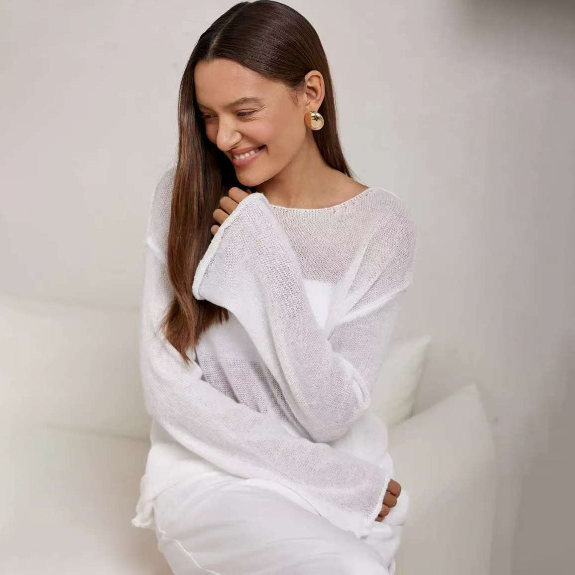 Damen Off-Shoulder Pullover Feinstrick Weit Schnitt Beige - Norvielle