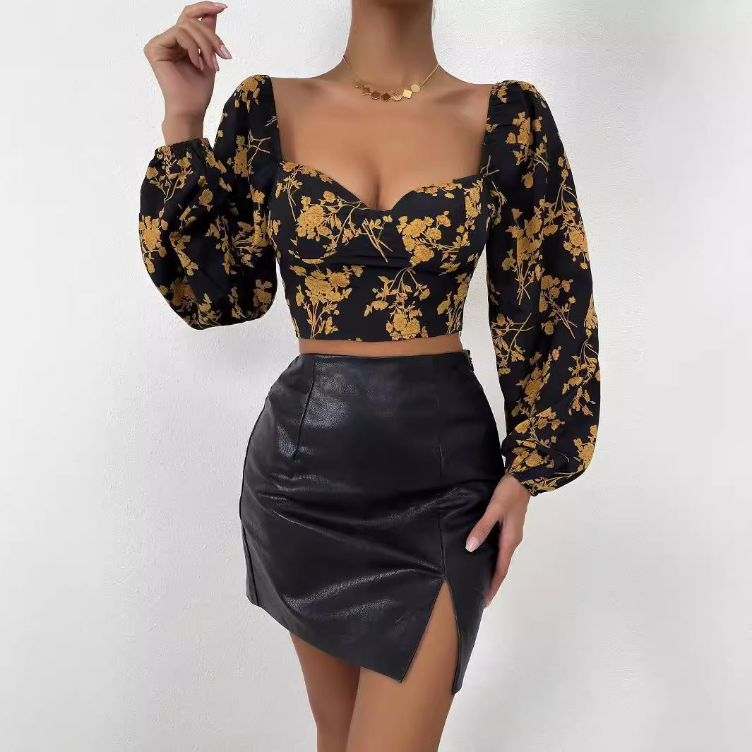 Damen Crop- Florales Muster Puffärmel Norvielle