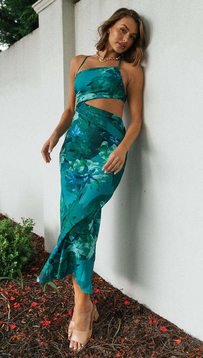 Damen Maxikleid Florales Design Cut-Out-Details