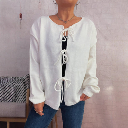 Damen Strickcardigan Lässig Kordelzug Offene Vorderseite Beige - Norvielle