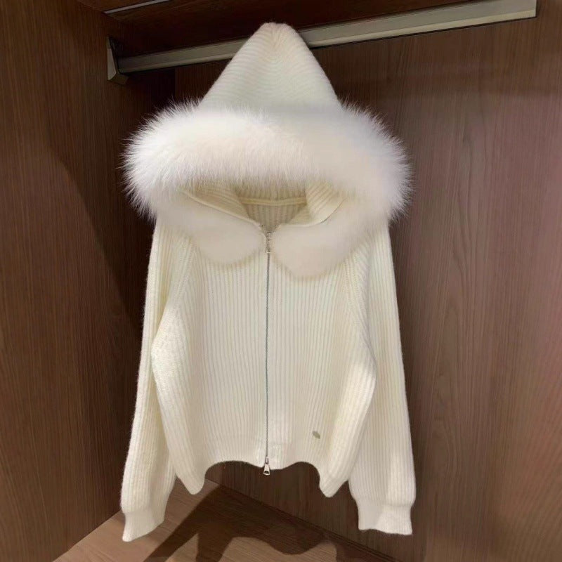 Damen Rippenstrickjacke Soft Norvielle Pelzkragen