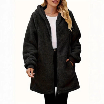 Damen Fleece-Mantel mit Taschen und Kapuze - Norvielle