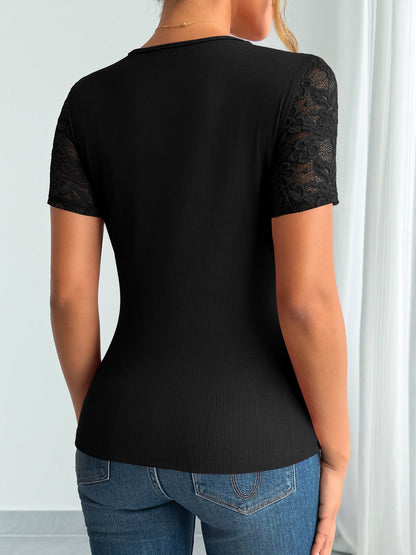 Damen Spitze Manschettenbluse Kurze Ärmel Spitze Ausschnitt Weiß
