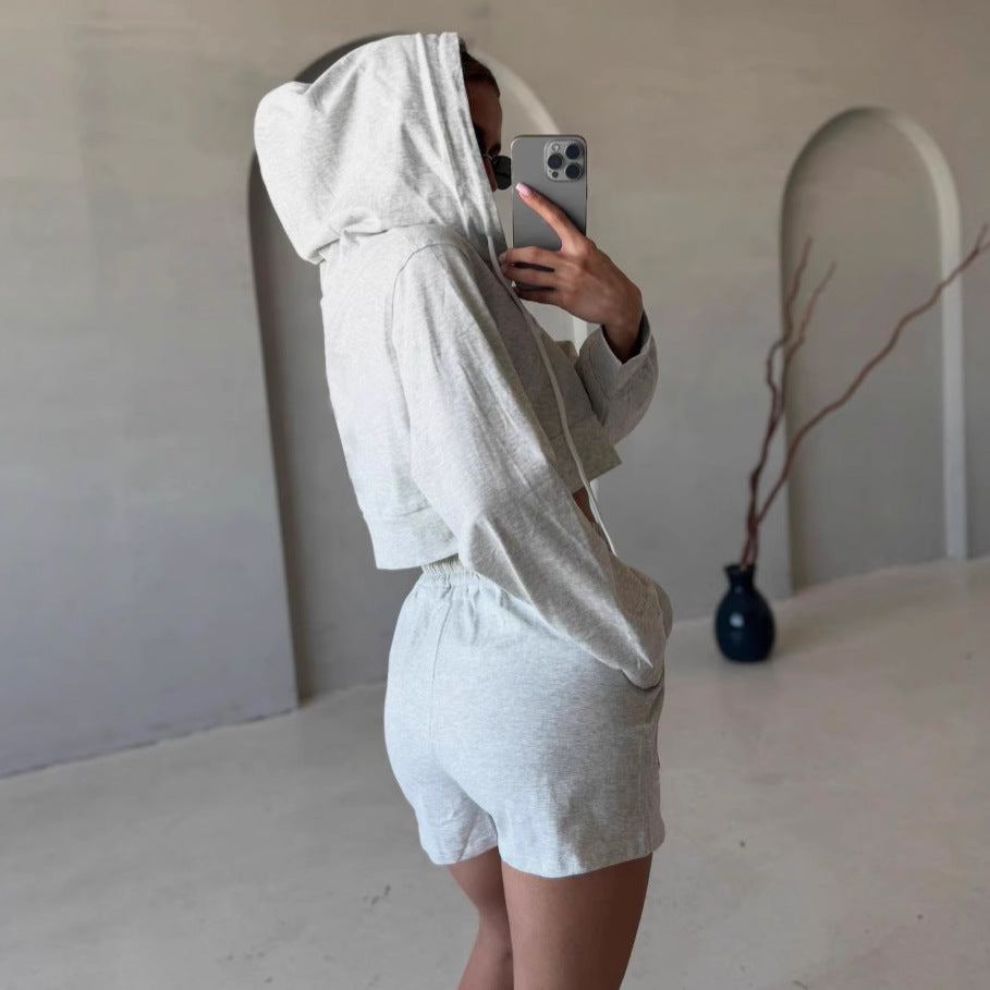 Damen Cropped Kapuzenjacke Shorts Set Norvielle