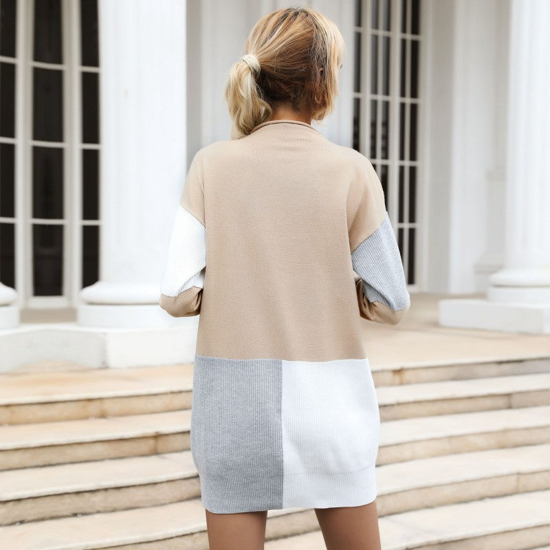Damen Strickkleid Farbblock-Design Taillierter Gürtel Norvielle