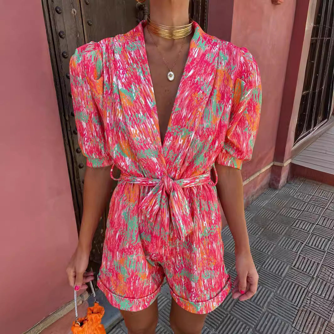 Damen Jumpsuit V-Ausschnitt Knöpfgürtel Norvielle
