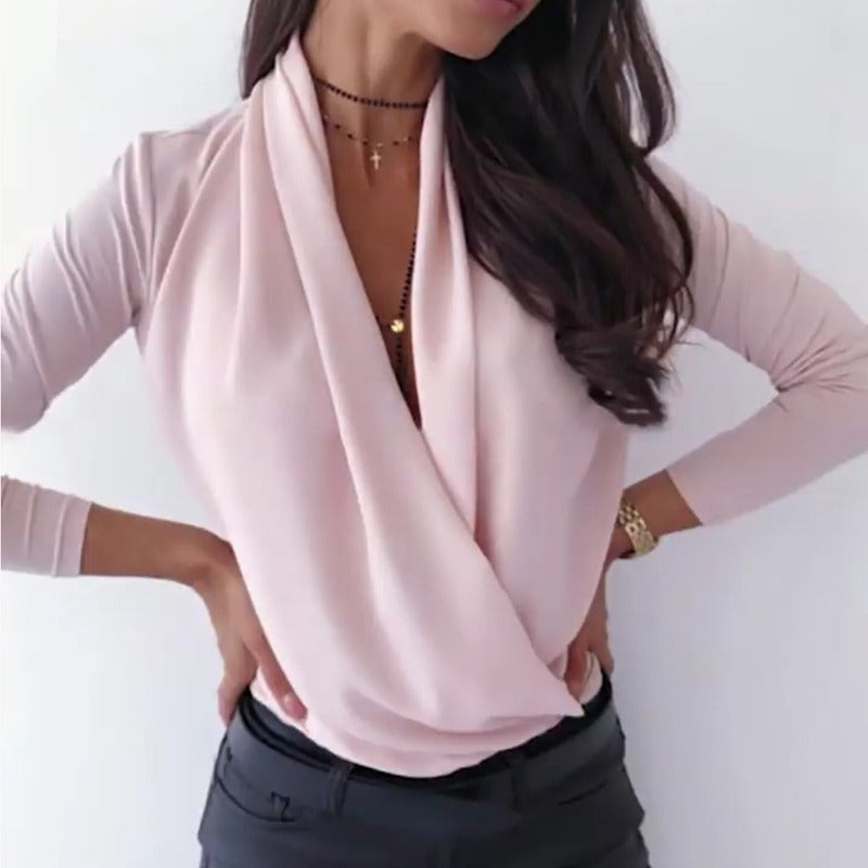 Damen Wickelbluse V-Ausschnitt Lange Ärmel Norvielle
