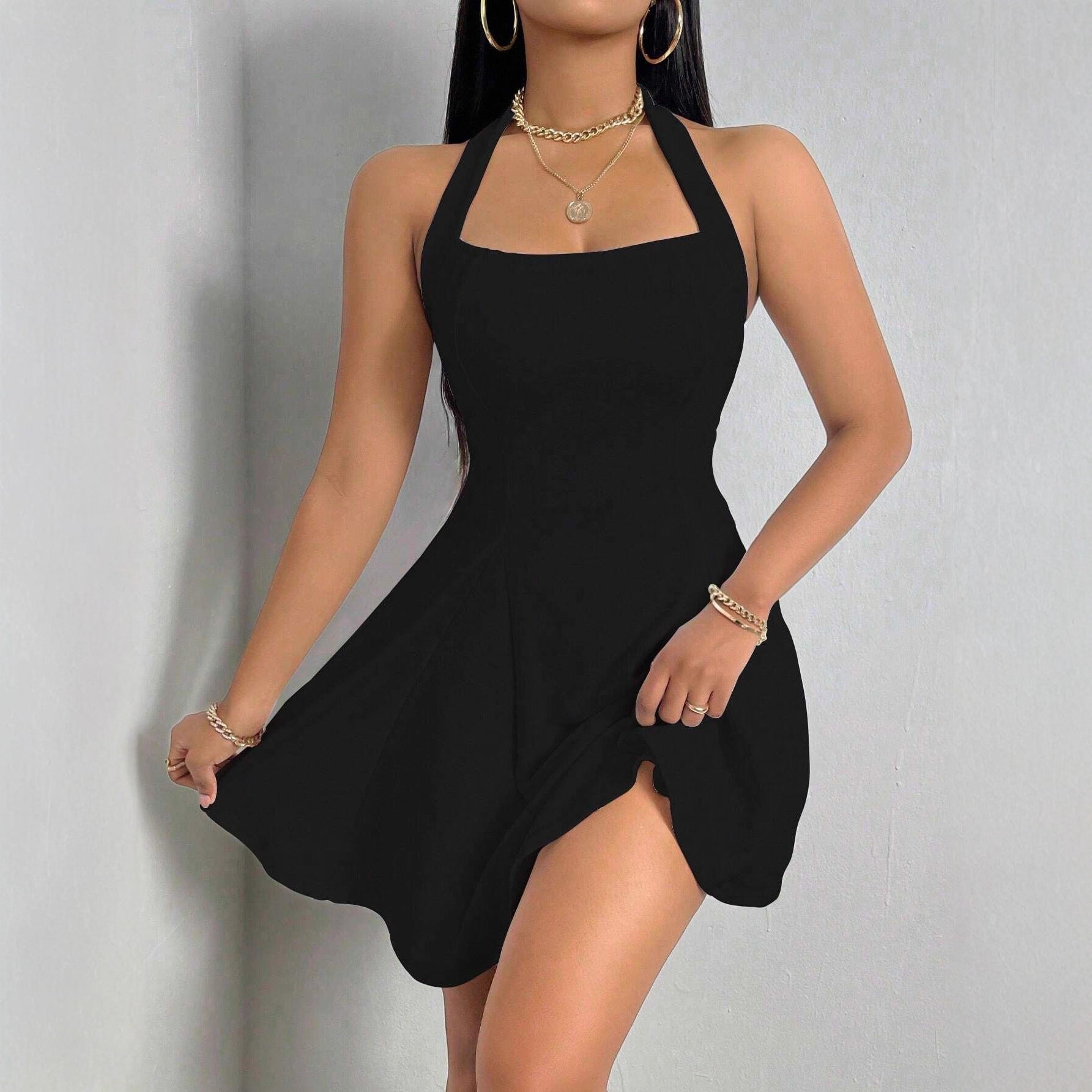 Damen Abendkleid A-Linie Tiefes Dekolleté Schwingender Saum Schwarz - Norvielle