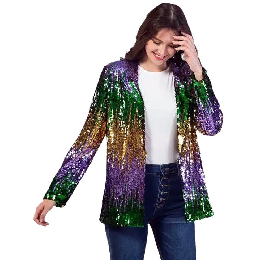 Damen Glitzerjacke Pailletten Langer Arm Offener Schnitt Norvielle