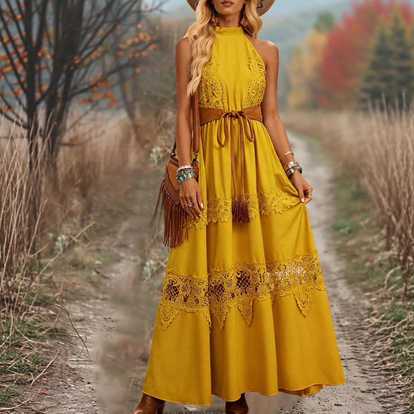Damen Maxikleid mit Spitzenakzenten und Gürtel Details - Norvielle