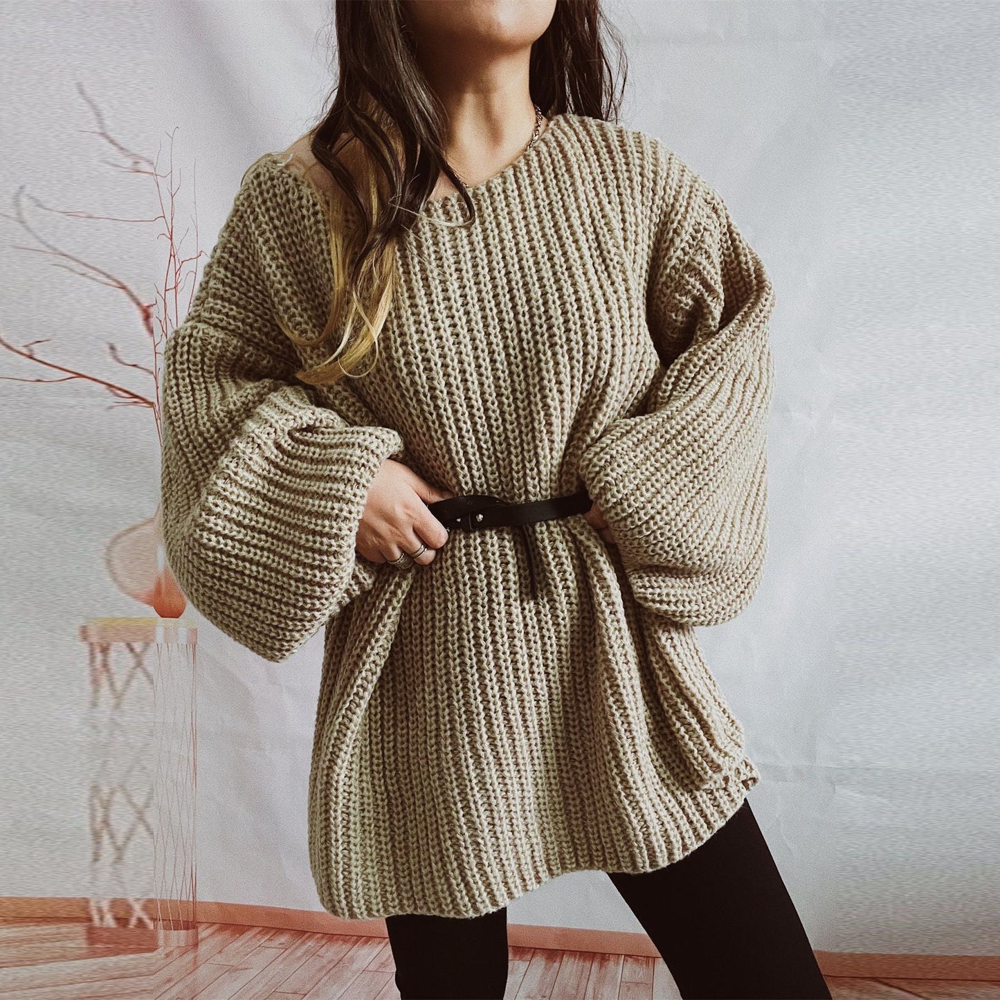 Damen Strickpullover Weit Schnitt Überschnittene Schultern Beige