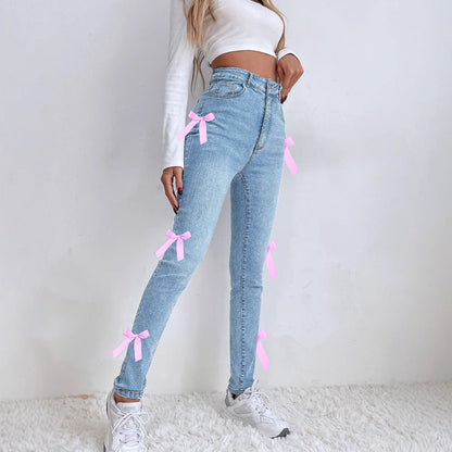 Damen High-Waist-Jeans mit Schleifendetails Schwarz - Norvielle