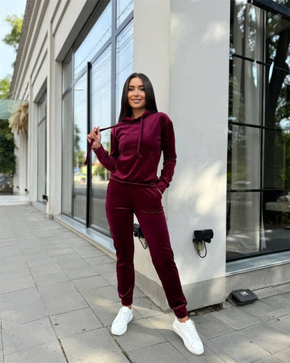 Damen Velours Loungewear Set mit Kapuze elastisch