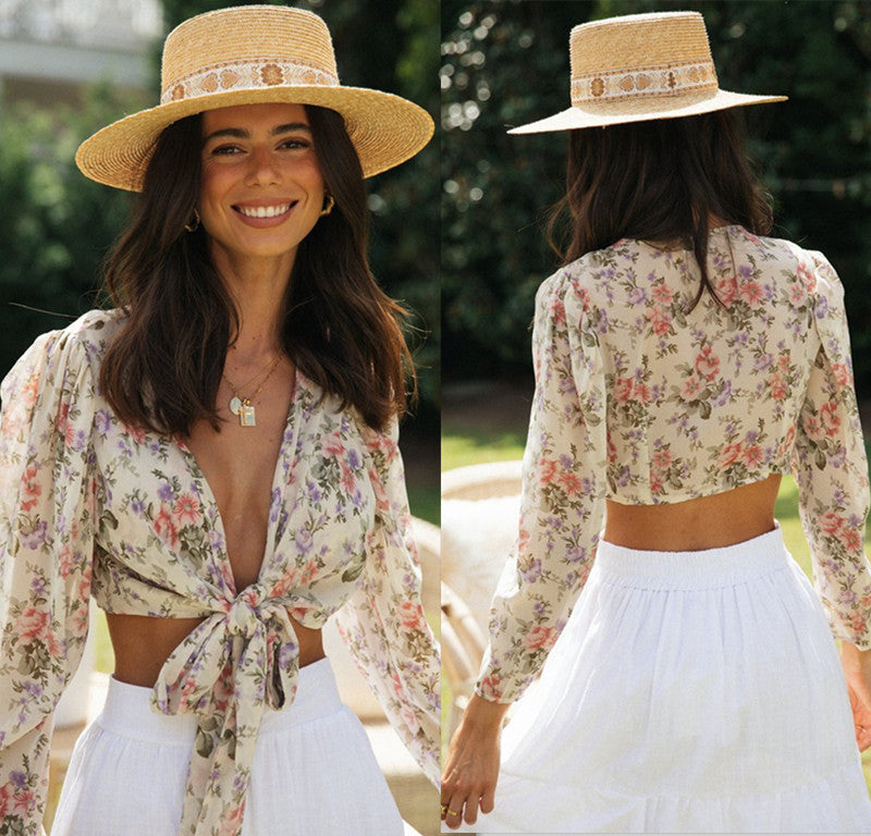 Damen Crop- Kurz Floralmuster Bindegürtel - Norvielle