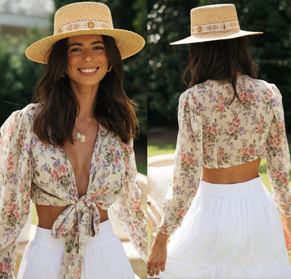 Damen Crop- Kurz Floralmuster Bindegürtel - Norvielle