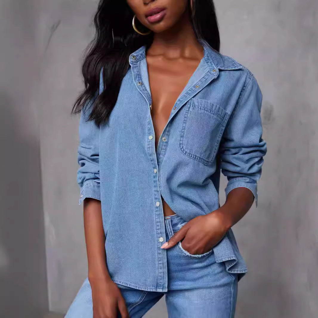 Damen Jeanshemd mit Brusttasche und modischen Akzenten Blau - Norvielle