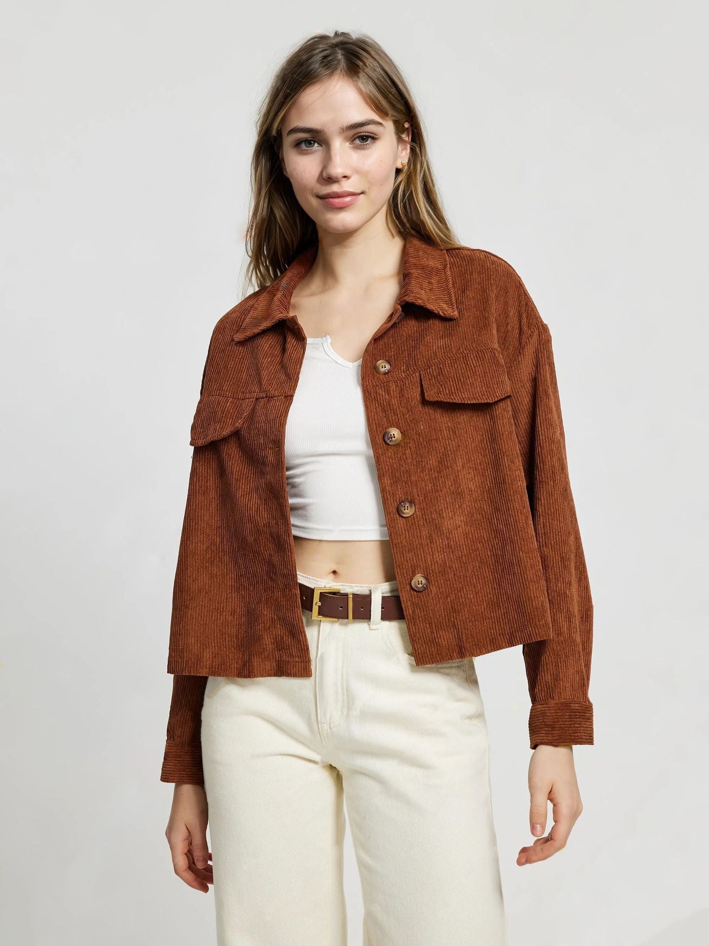 Damen Cordjacke Lässiger Schnitt Mit Taschen