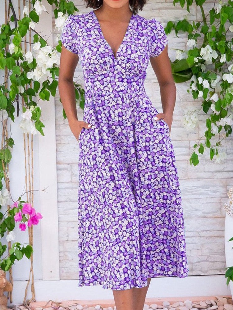 Damen Geblümtes Midikleid V-Ausschnitt Kurzärmel Sommerkleid