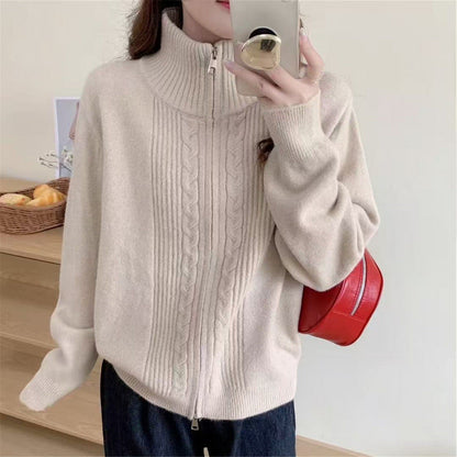Damen Strickjacke Zippkragen Hochwertig Grün