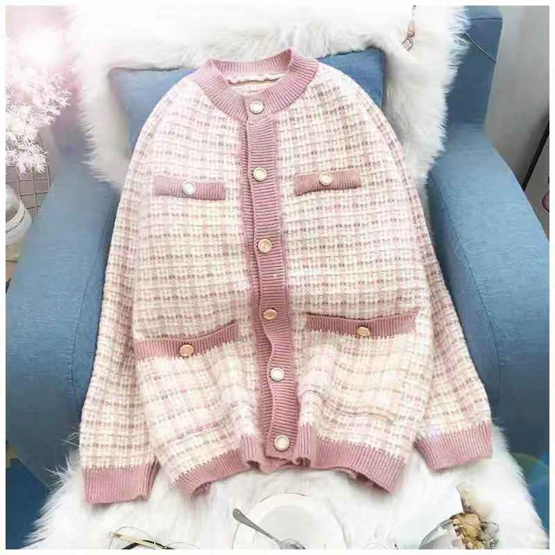 Damen Strickjacke Karomuster Dekorative Knöpfe Norvielle