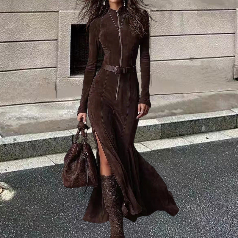 Damen Langarmkleid Reißverschluss Seitenschlitze Norvielle