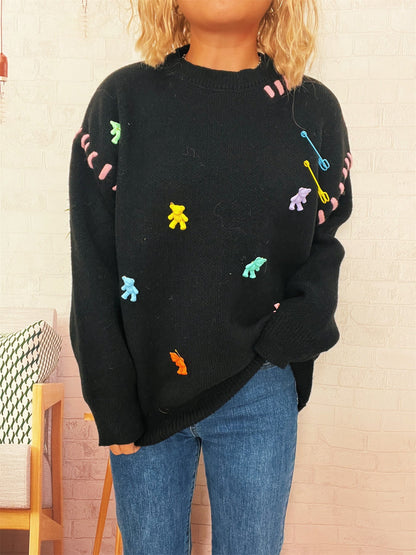 Damen Pullover Bunt Applikationen Weitschnitt
