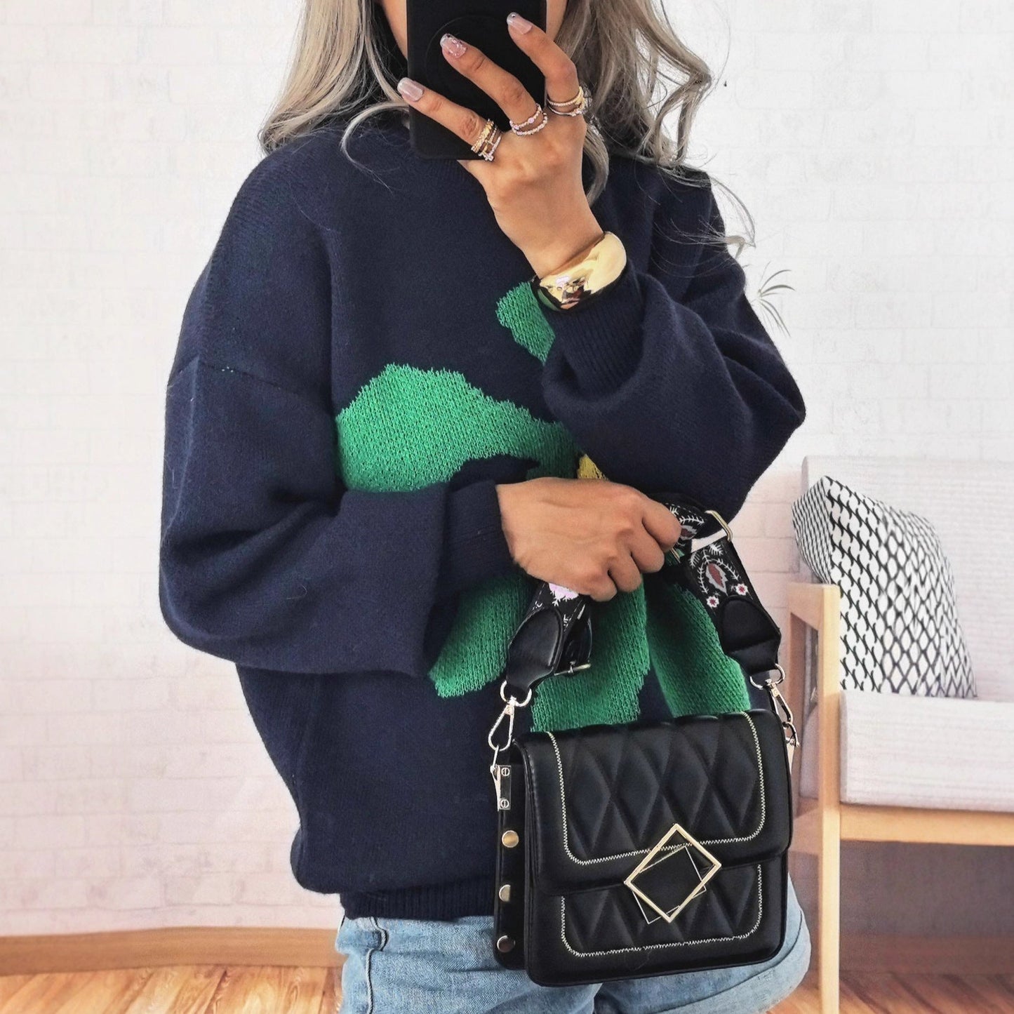 Damen Strickpullover Bunt Blumenmotiv Überschnittene Schultern
