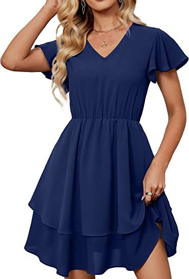 Damen Freizeitkleid Fließender Rock Rüschenärmel Norvielle