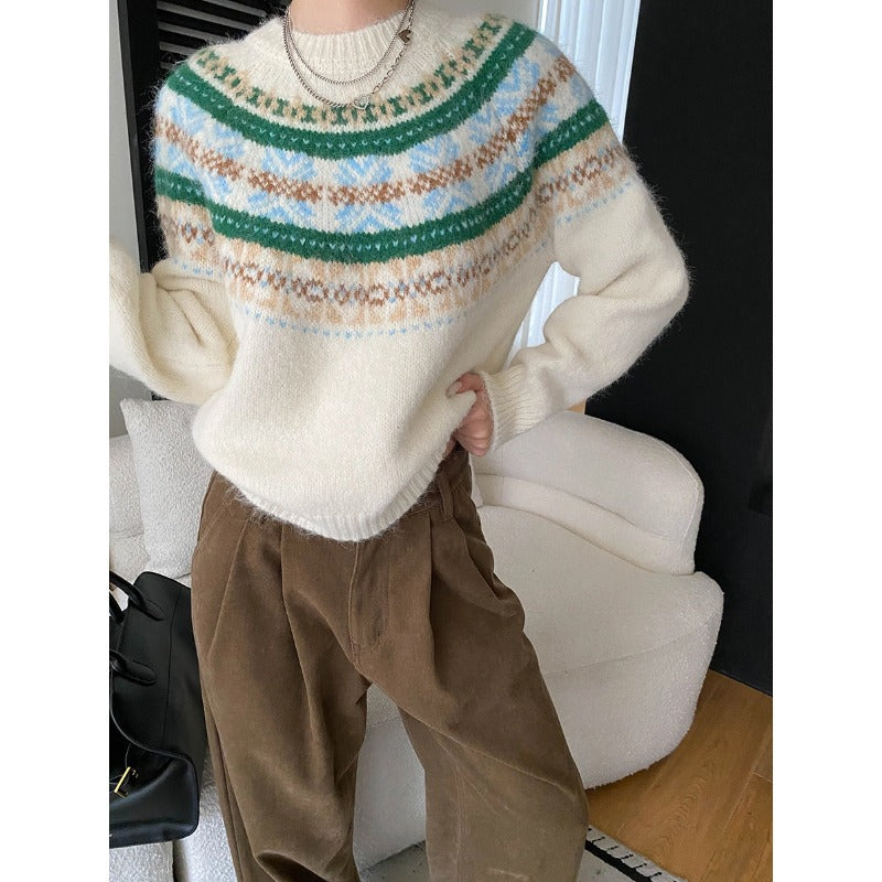 Damen Grobstrickpullover Lebendiges Muster Weite Ärmel Norvielle