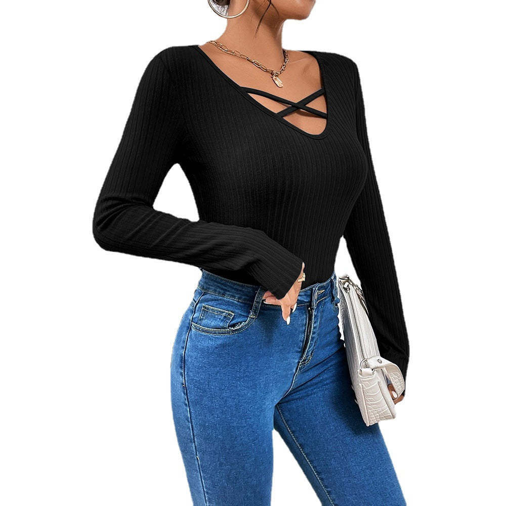 Damen Langarmshirt Modischer Kreuz-Ausschnitt Baumwolle Weiß