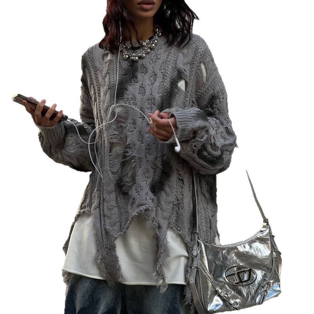 Damen Oversized Pullover Grobgestrickt mit Fransen Norvielle
