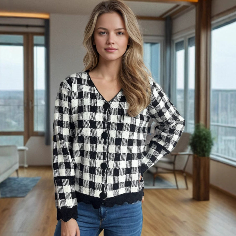 Damen Strickjacke Kontrastmuster Knöpfe Norvielle - Norvielle