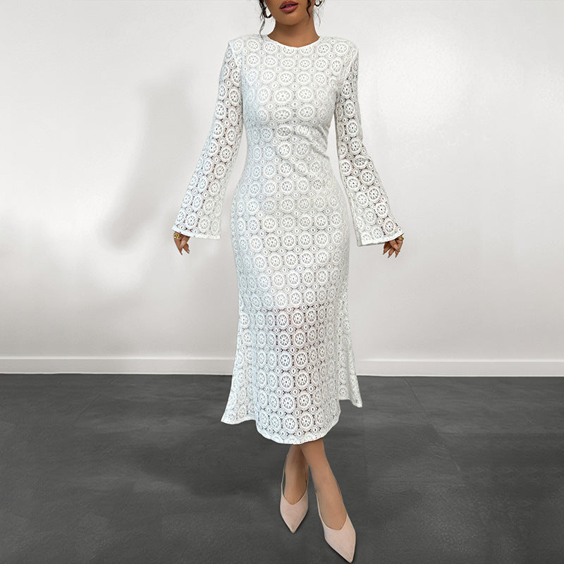 Damen Spitzenkleid V-Ausschnitt Voluminöse Ärmel