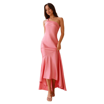 Damen Maxikleid Asymmetrischer Träger Fließender Stoff