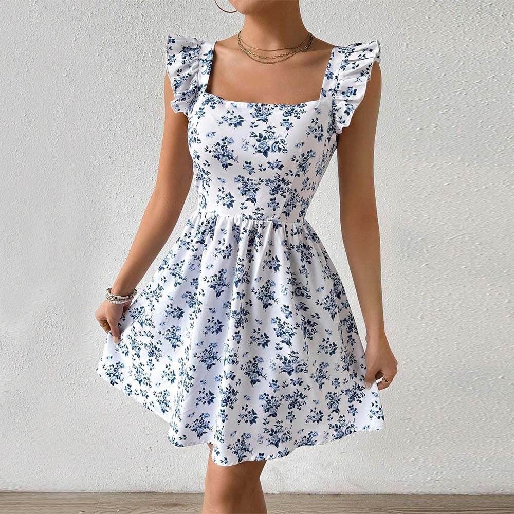 Damen Blumenkleid Sommer Rüschendetails Quadrat-Ausschnitt Norvielle - Norvielle