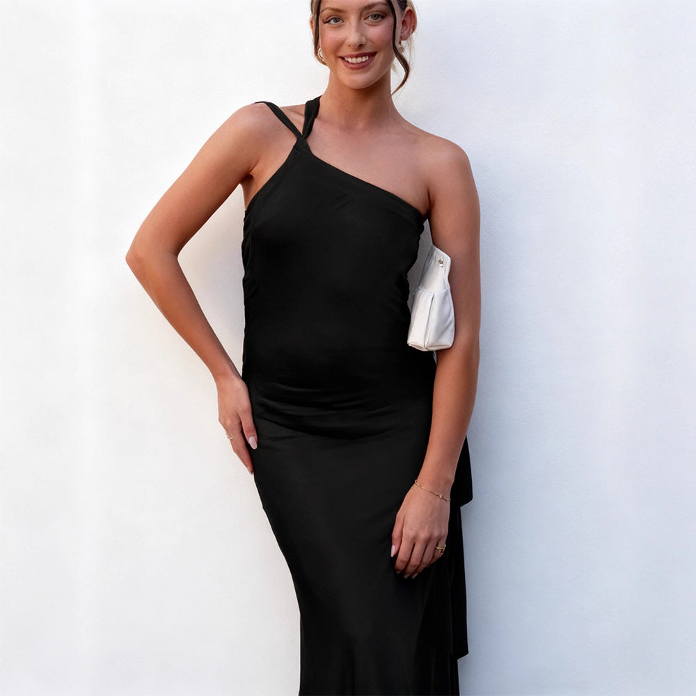 Damen Maxikleid Asymmetrischer Halter Satin Schimmernd
