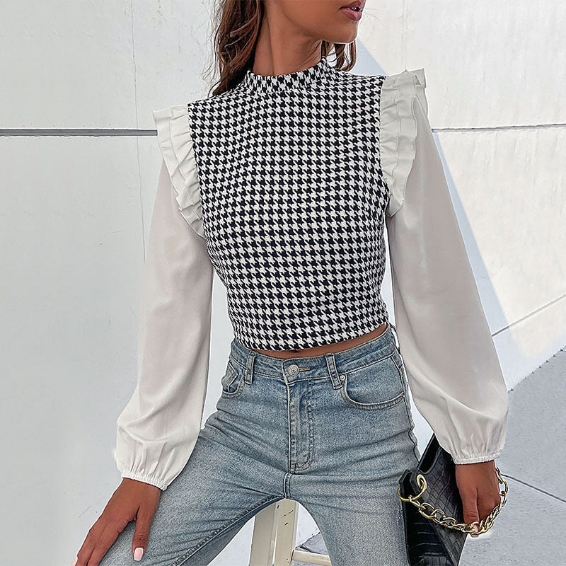 Damen Crop- Voluminöse Ärmel Karo Muster