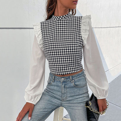 Damen Crop- Voluminöse Ärmel Karo Muster