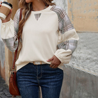 Damen Sweatshirt mit Karierten Ärmeln Lässig Grau