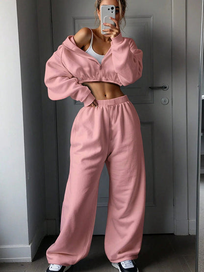 Damen Sportswear Set Cropped Sweatshirt High-Waist Jogginghose Grau