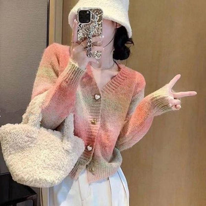 Damen Strickjacke Farbverlauf Herzknöpfe