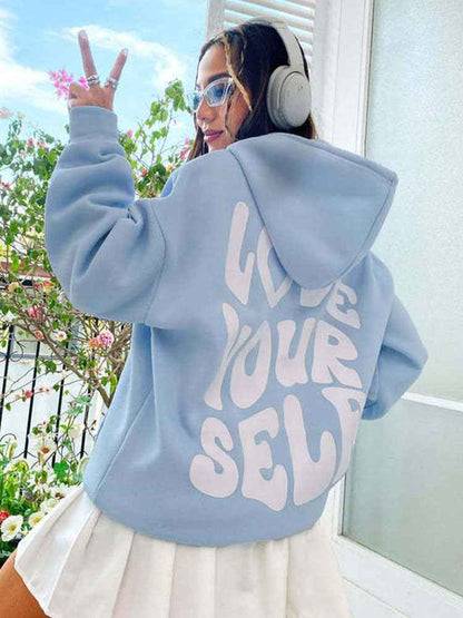 Damen Hoodie Kordelzug Kängurutasche Rückenprint Grau